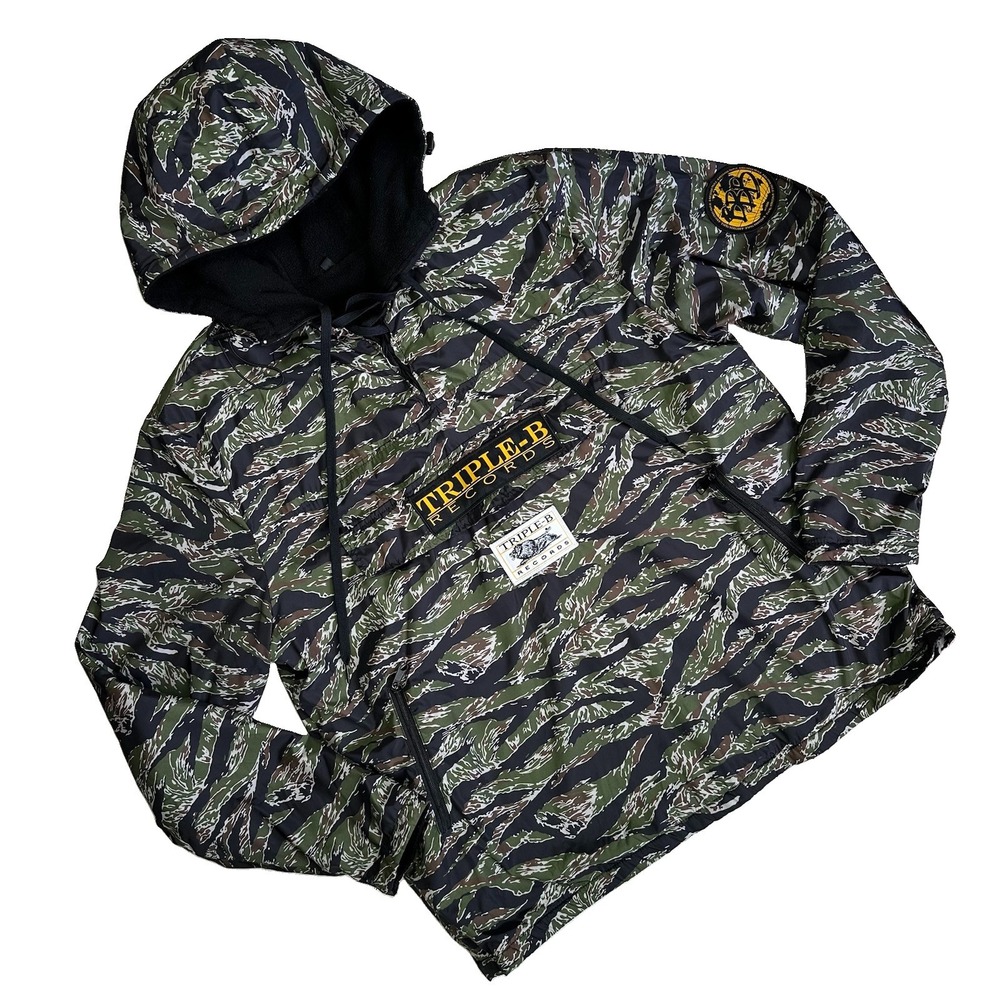 Triple B Records Tiger Camo Fleece Lined Anorak Jacket Pullover Men XL Green